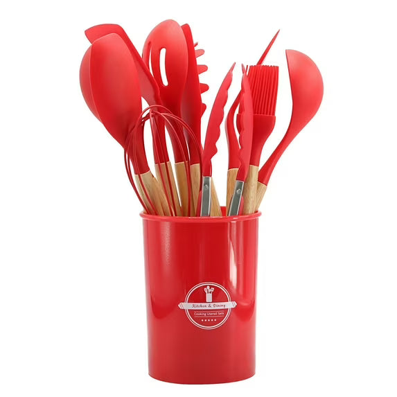 RuiJiao 12-Piece Silicone Kitchen Utensil Set with Wooden Handles