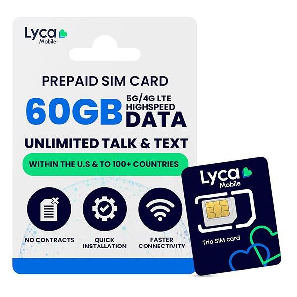 Lyca Mobile 5G/4G $59 Plan Unlimited Talk, Text & Data 60GB High Speed Data Prepaid SIM Card Kit